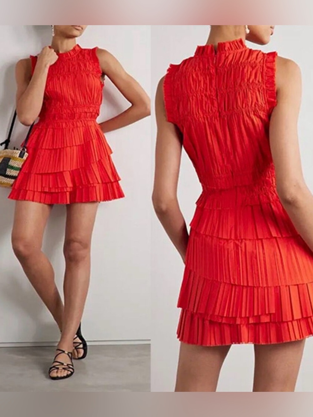 SEA New York Greir Pleated Mini Dress Orange Red Tiered Cotton Small